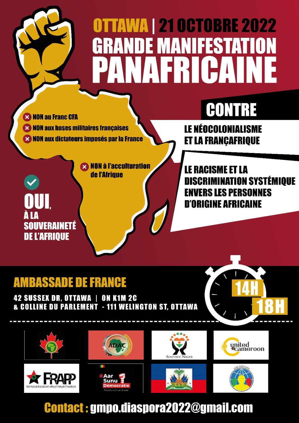 Manifestation Panafricaine à Ottawa ON Canada, le 21 octobre 2022 contre le néocolonialisme, la françafrique, le racisme et la discrimination systémique envers les personnes et les peuples d'origine africaine